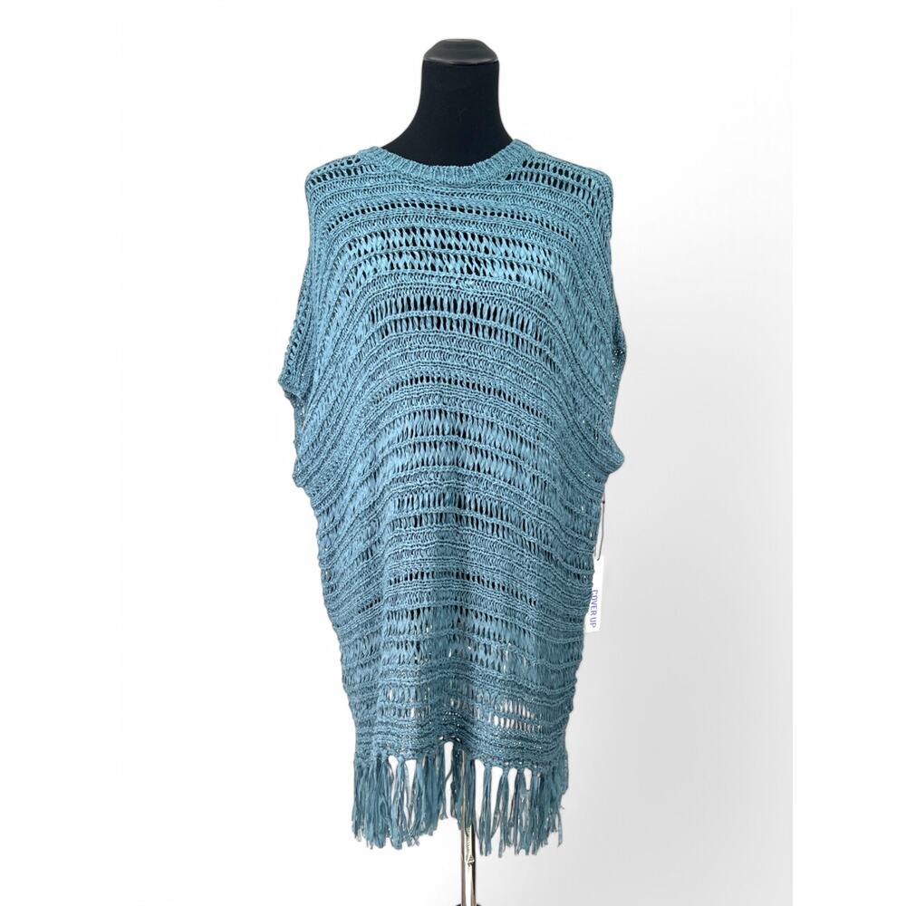 New One Size S M L XL Swim Cover Up Aqua Open Knit Fringe Tunic Sweater Top NWT